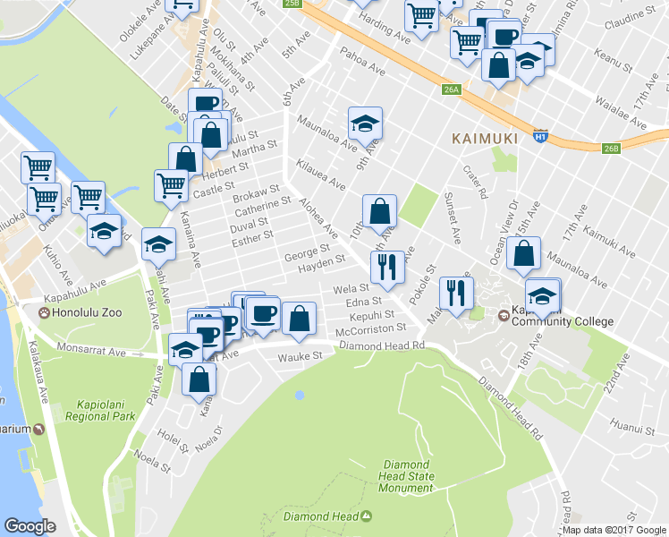 map of restaurants, bars, coffee shops, grocery stores, and more near 3418 James Street in Honolulu