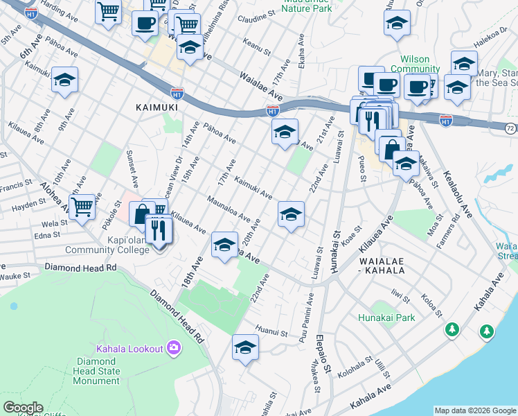 map of restaurants, bars, coffee shops, grocery stores, and more near 832 20th Avenue in Honolulu