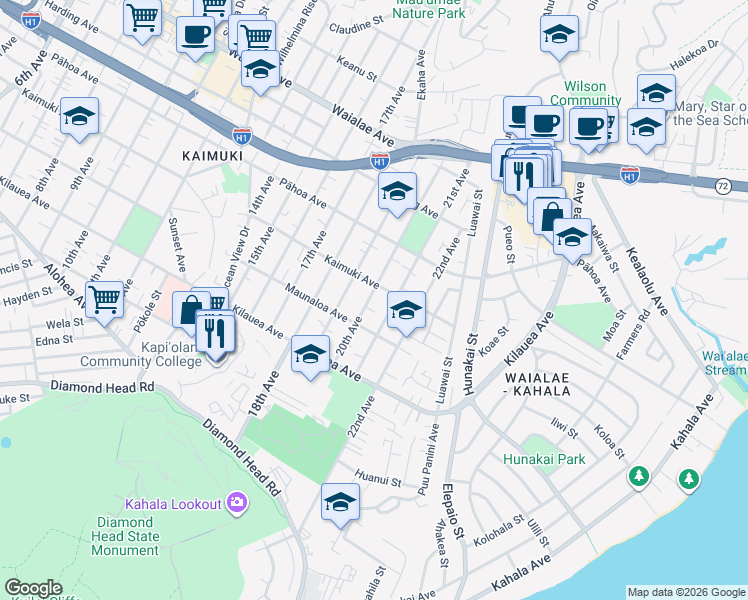 map of restaurants, bars, coffee shops, grocery stores, and more near 832 20th Avenue in Honolulu