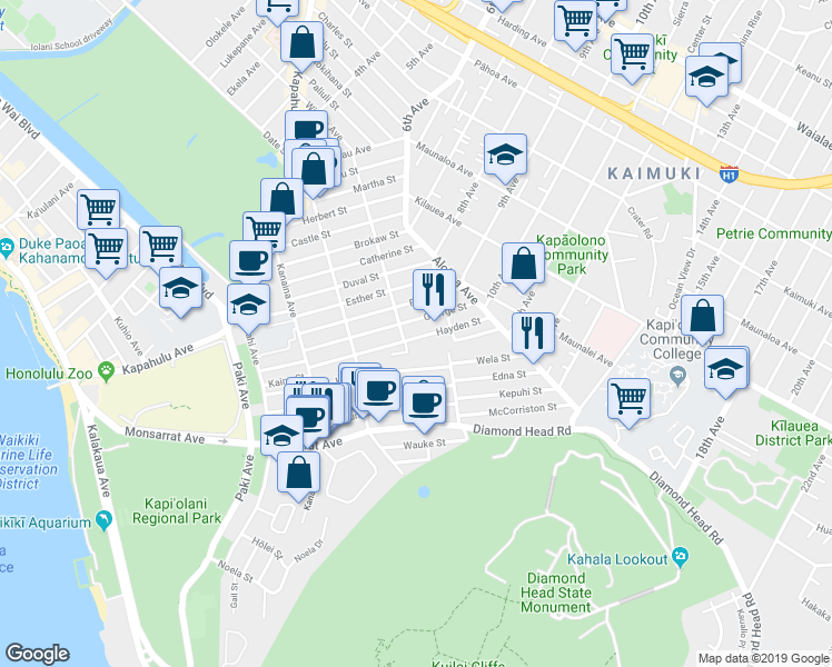 map of restaurants, bars, coffee shops, grocery stores, and more near 3327 Hayden Street in Honolulu