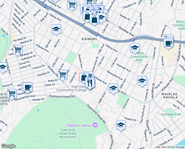 map of restaurants, bars, coffee shops, grocery stores, and more near 701 Ocean View Drive in Honolulu