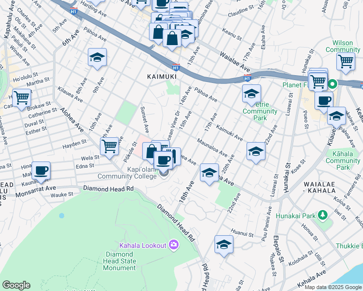 map of restaurants, bars, coffee shops, grocery stores, and more near 726B 16th Avenue in Honolulu