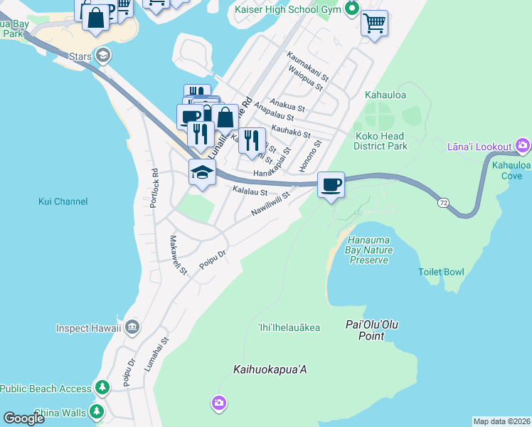 map of restaurants, bars, coffee shops, grocery stores, and more near 178 Polihale Place in Honolulu