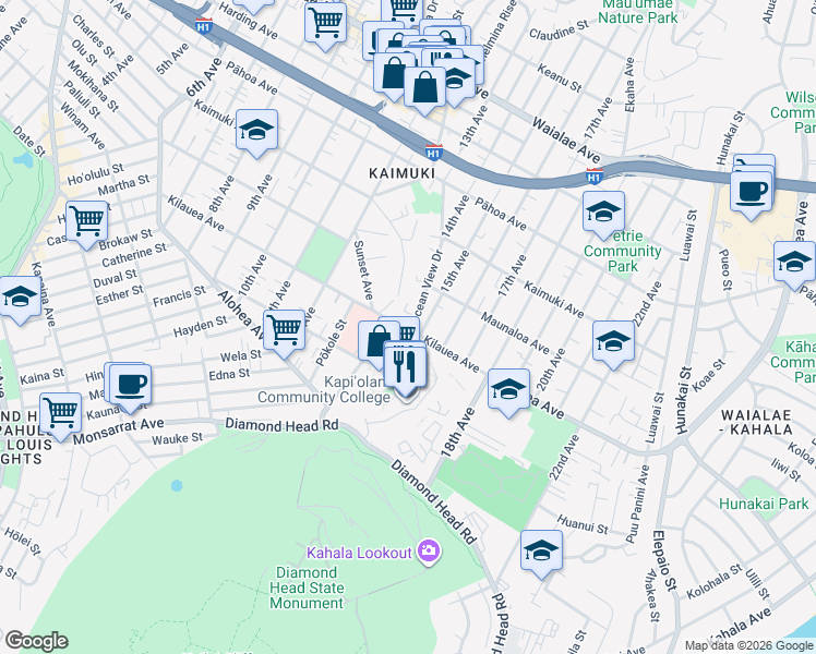 map of restaurants, bars, coffee shops, grocery stores, and more near 701 Ocean View Drive in Honolulu