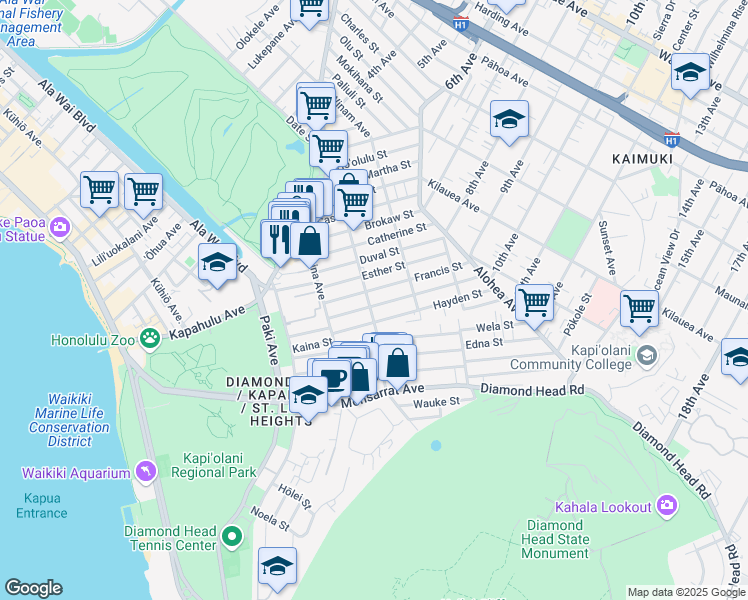 map of restaurants, bars, coffee shops, grocery stores, and more near 3454 Campbell Avenue in Honolulu