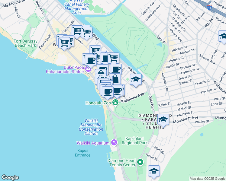 map of restaurants, bars, coffee shops, grocery stores, and more near 2552 Kalakaua Avenue in Honolulu