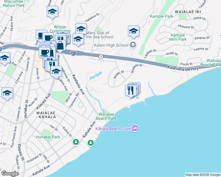 map of restaurants, bars, coffee shops, grocery stores, and more near 993 Waiholo Street in Honolulu