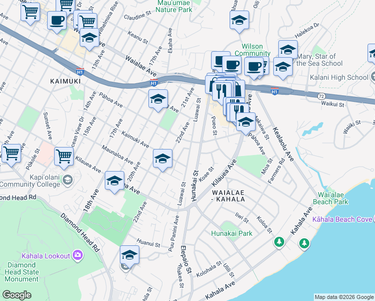 map of restaurants, bars, coffee shops, grocery stores, and more near 952 Luawai Street in Honolulu