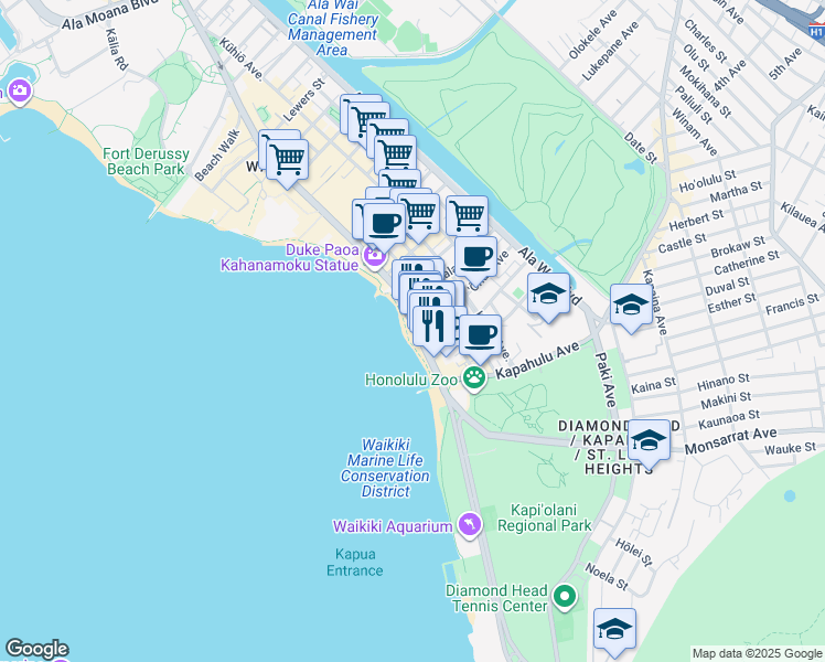 map of restaurants, bars, coffee shops, grocery stores, and more near 2501 Kalakaua Avenue in Honolulu