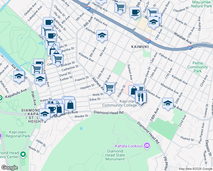 map of restaurants, bars, coffee shops, grocery stores, and more near 3527 Alohea Avenue in Honolulu