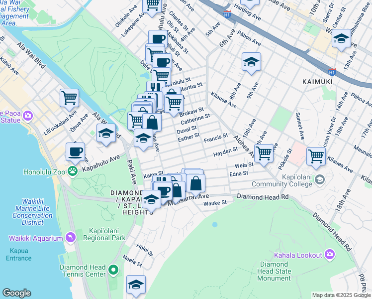 map of restaurants, bars, coffee shops, grocery stores, and more near in Honolulu