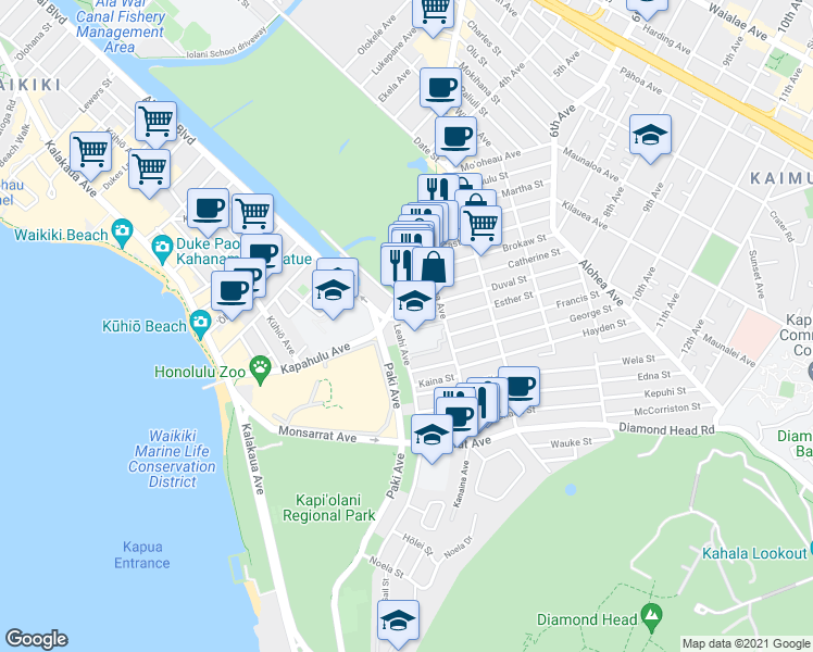 map of restaurants, bars, coffee shops, grocery stores, and more near 3440 Leahi Avenue in Honolulu