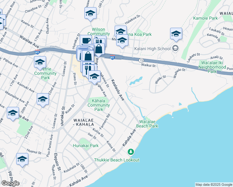 map of restaurants, bars, coffee shops, grocery stores, and more near 1021 Makaiwa Street in Honolulu