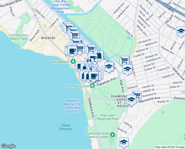 map of restaurants, bars, coffee shops, grocery stores, and more near 175 Paoakalani Avenue in Honolulu