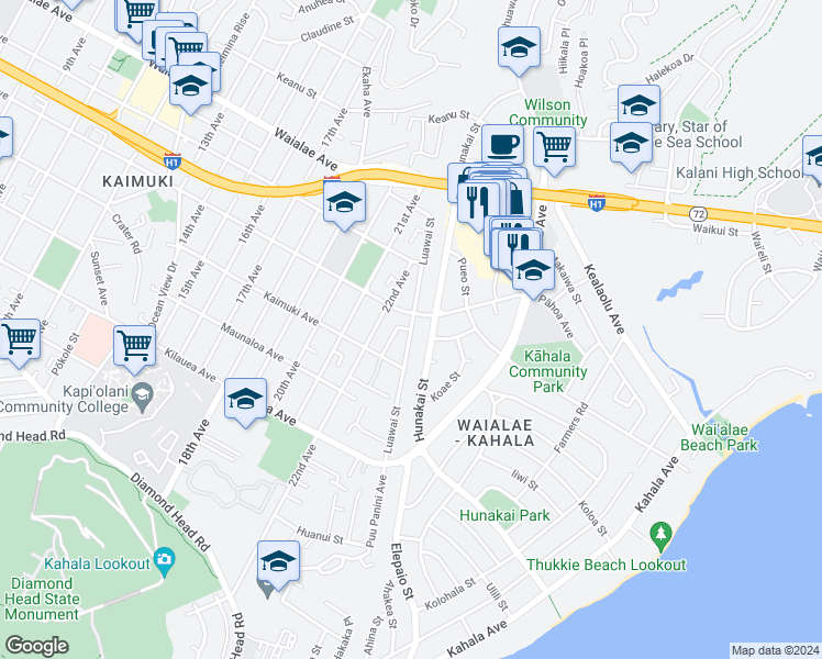 map of restaurants, bars, coffee shops, grocery stores, and more near Luawai Street in Honolulu