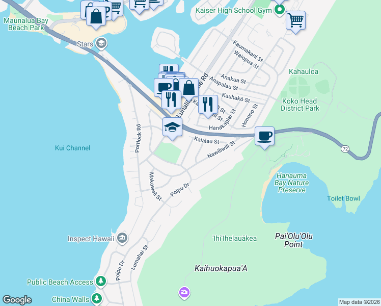 map of restaurants, bars, coffee shops, grocery stores, and more near 110 Kalalau Street in Honolulu