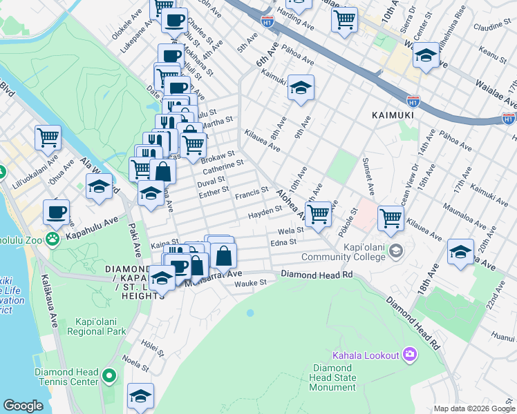 map of restaurants, bars, coffee shops, grocery stores, and more near 3347 George Street in Honolulu