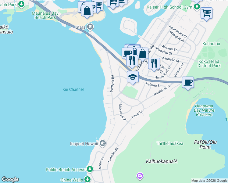 map of restaurants, bars, coffee shops, grocery stores, and more near 34 Nawiliwili Street in Honolulu
