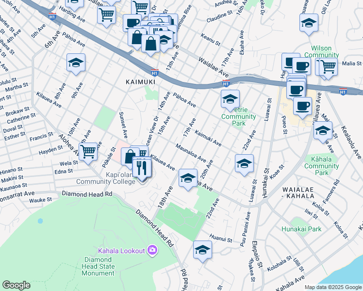 map of restaurants, bars, coffee shops, grocery stores, and more near 741 17th Avenue in Honolulu