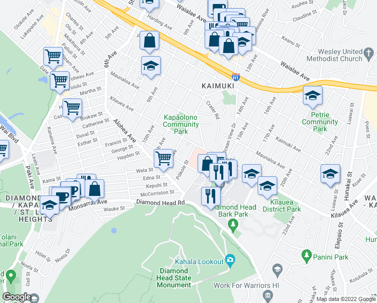 map of restaurants, bars, coffee shops, grocery stores, and more near 3627 Kilauea Avenue in Honolulu