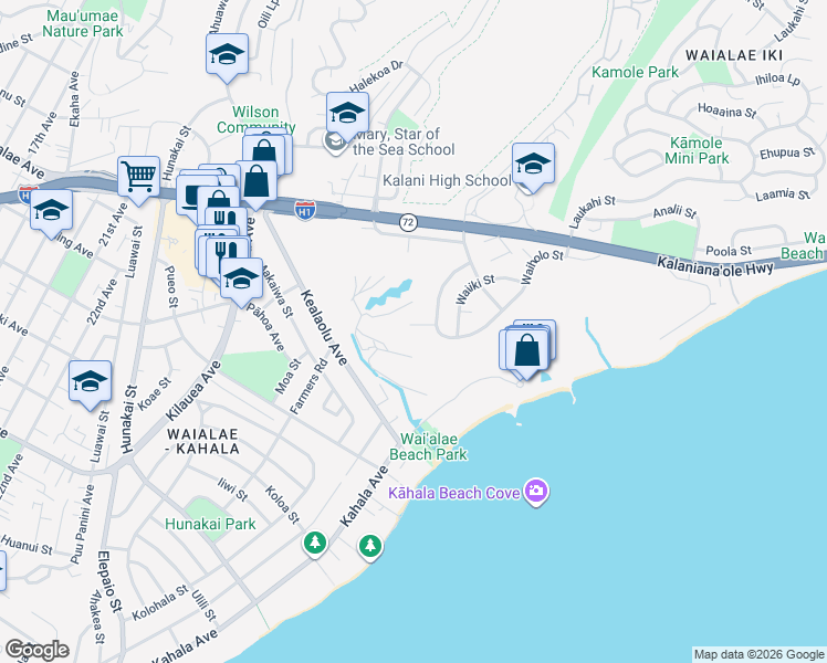 map of restaurants, bars, coffee shops, grocery stores, and more near 993 Waiholo Street in Honolulu