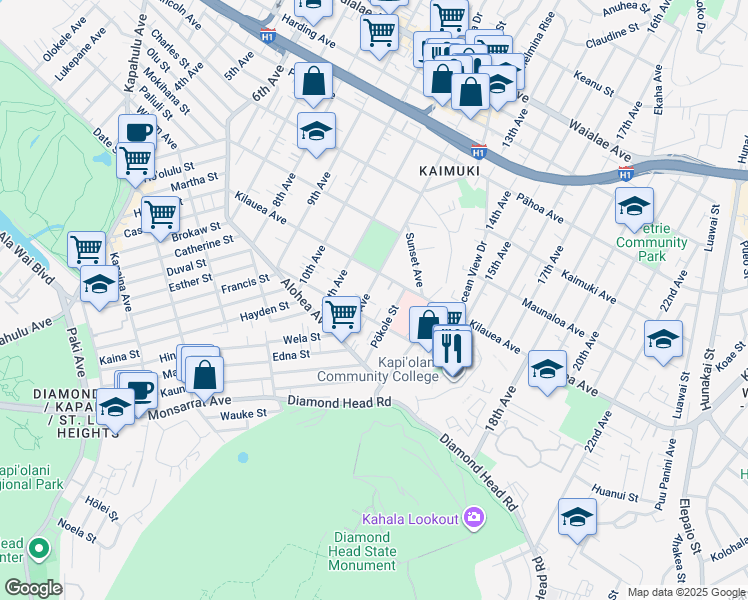 map of restaurants, bars, coffee shops, grocery stores, and more near 608 Pōkole Street in Honolulu