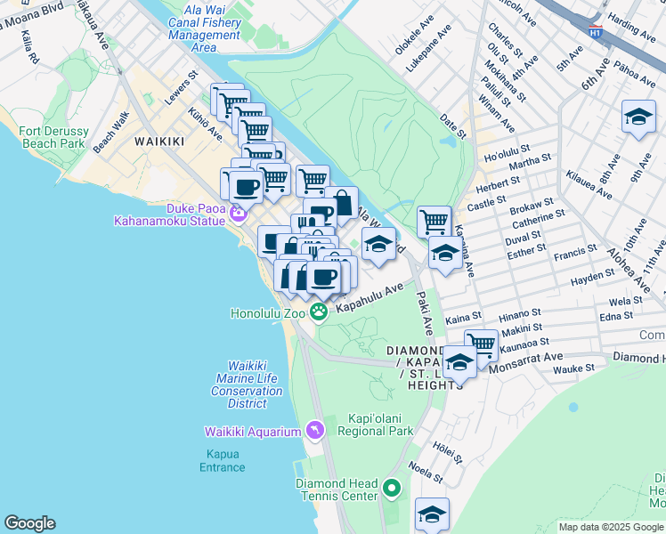 map of restaurants, bars, coffee shops, grocery stores, and more near 2553 Kūhiō Avenue in Honolulu