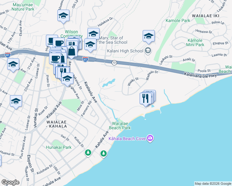 map of restaurants, bars, coffee shops, grocery stores, and more near 993 Waiholo Street in Honolulu