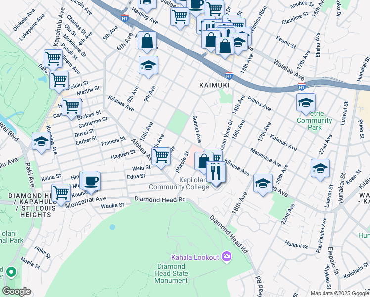 map of restaurants, bars, coffee shops, grocery stores, and more near 3627 Kilauea Avenue in Honolulu