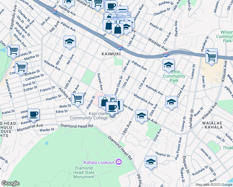 map of restaurants, bars, coffee shops, grocery stores, and more near 725 Ocean View Drive in Honolulu