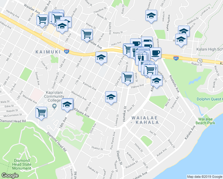 map of restaurants, bars, coffee shops, grocery stores, and more near 4119 Pāhoa Avenue in Honolulu