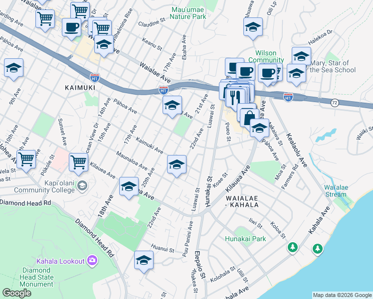 map of restaurants, bars, coffee shops, grocery stores, and more near 938 22nd Avenue in Honolulu