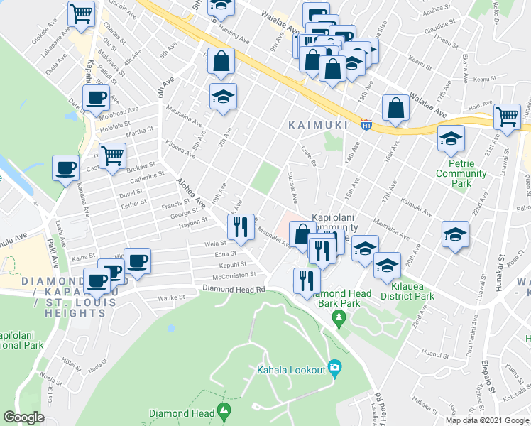 map of restaurants, bars, coffee shops, grocery stores, and more near 659 12th Avenue in Honolulu