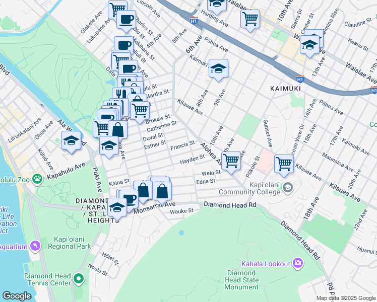 map of restaurants, bars, coffee shops, grocery stores, and more near 3348 Francis Street in Honolulu