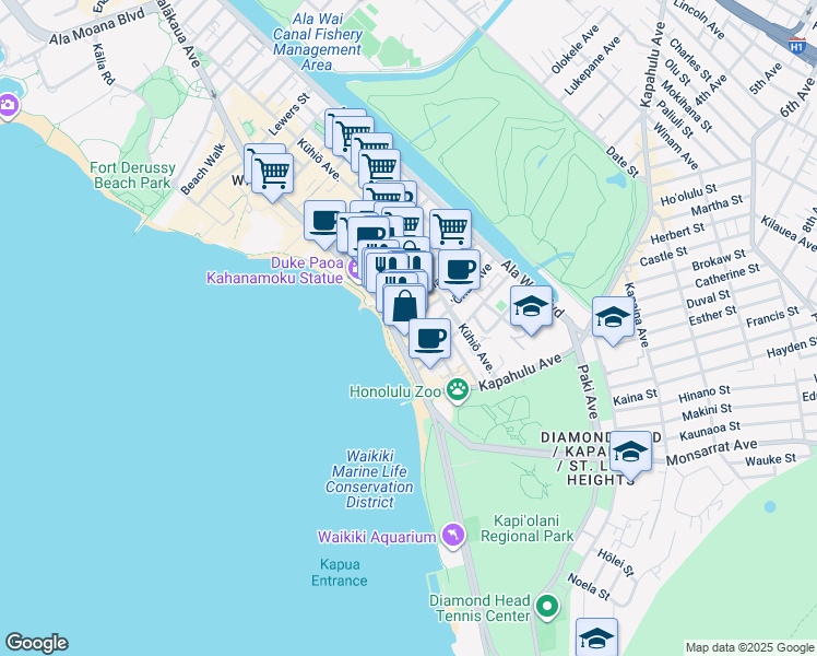 map of restaurants, bars, coffee shops, grocery stores, and more near 101 Liliʻuokalani Avenue in Honolulu