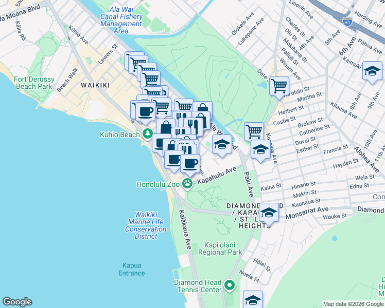 map of restaurants, bars, coffee shops, grocery stores, and more near 207 Paoakalani Avenue in Honolulu