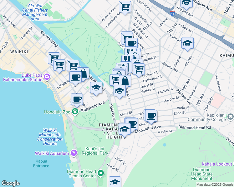 map of restaurants, bars, coffee shops, grocery stores, and more near 3355C Kanaina Avenue in Honolulu