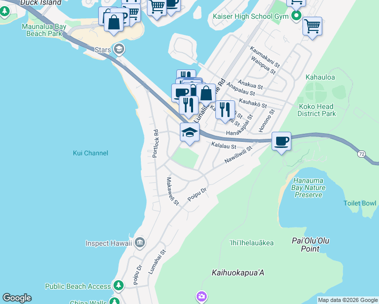 map of restaurants, bars, coffee shops, grocery stores, and more near 189 Lunalilo Home Road in Honolulu
