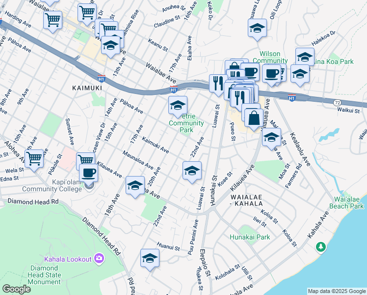 map of restaurants, bars, coffee shops, grocery stores, and more near 935 20th Avenue in Honolulu