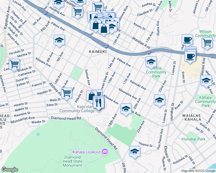 map of restaurants, bars, coffee shops, grocery stores, and more near 805 15th Avenue in Honolulu