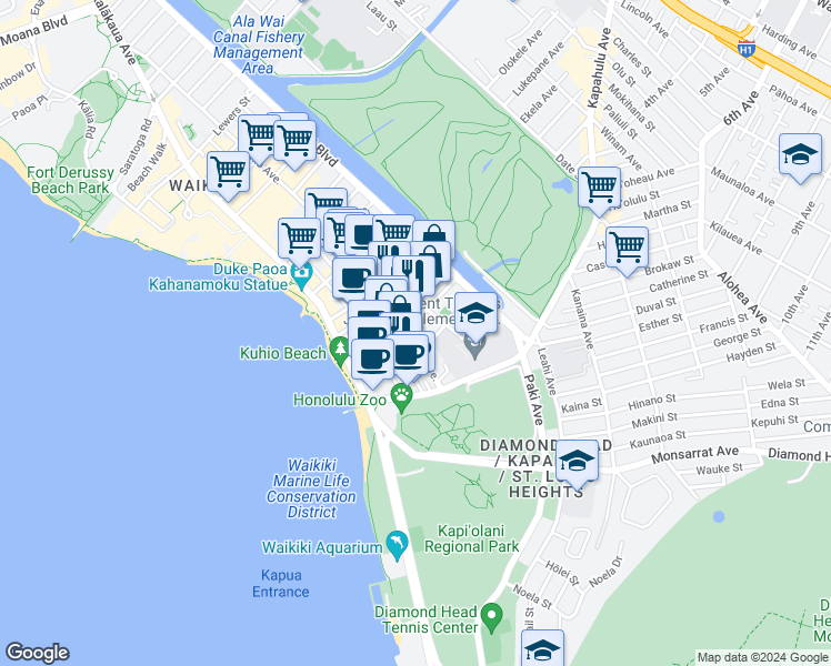 map of restaurants, bars, coffee shops, grocery stores, and more near in Honolulu