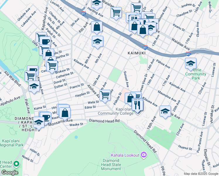 map of restaurants, bars, coffee shops, grocery stores, and more near 633 11th Avenue in Honolulu