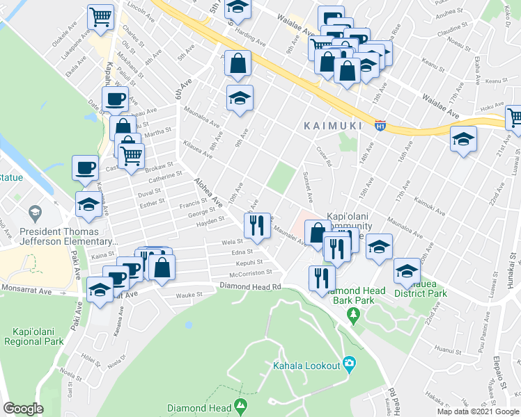 map of restaurants, bars, coffee shops, grocery stores, and more near 633 11th Avenue in Honolulu