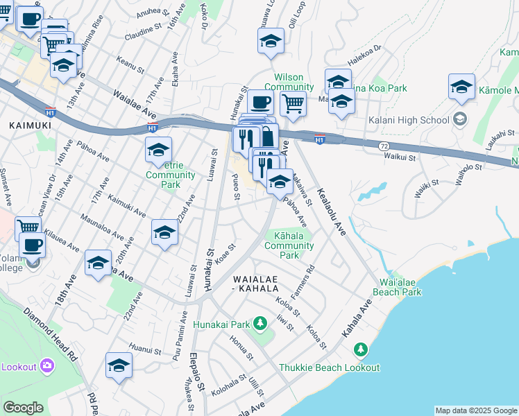 map of restaurants, bars, coffee shops, grocery stores, and more near 4583 Ahuli Place in Honolulu