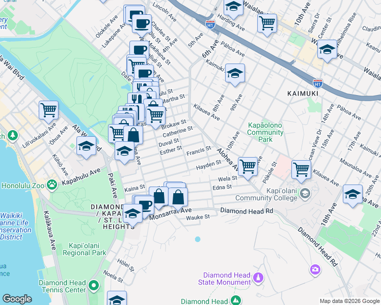 map of restaurants, bars, coffee shops, grocery stores, and more near 3425 Winam Avenue in Honolulu