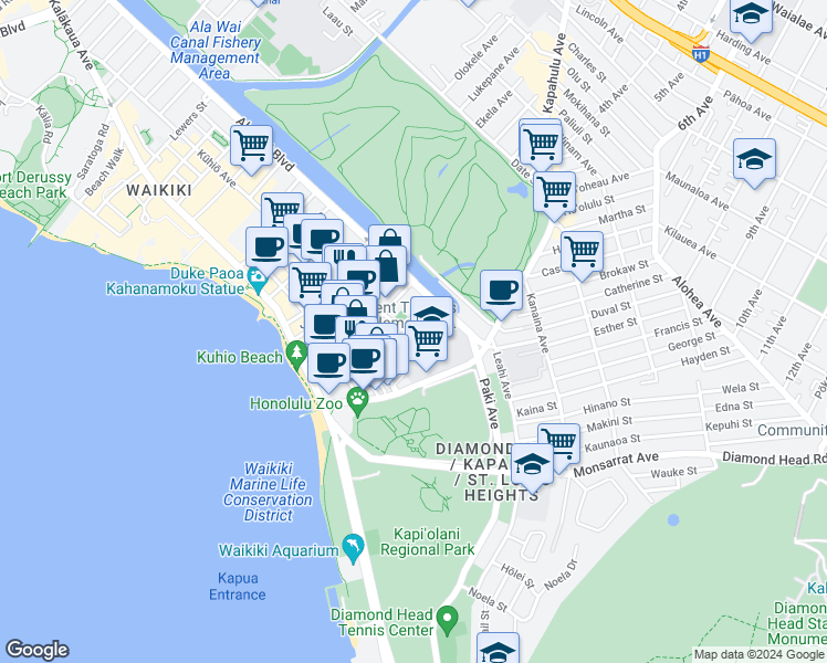 map of restaurants, bars, coffee shops, grocery stores, and more near 283 Wai Nani Way in Honolulu