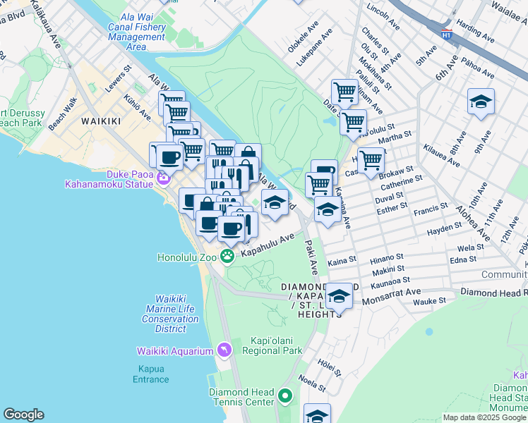 map of restaurants, bars, coffee shops, grocery stores, and more near 283 Wai Nani Way in Honolulu