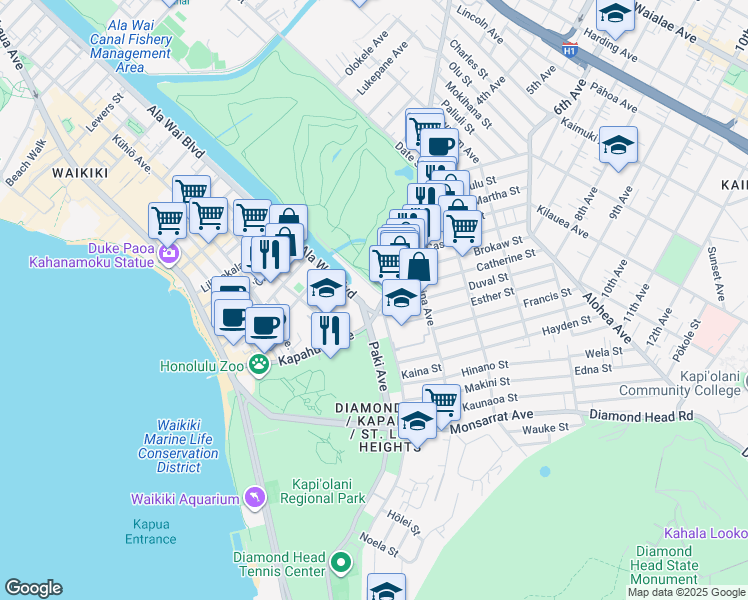 map of restaurants, bars, coffee shops, grocery stores, and more near 400 Kapahulu Avenue in Honolulu