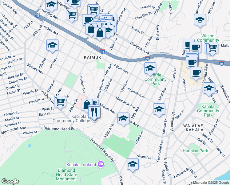 map of restaurants, bars, coffee shops, grocery stores, and more near 825 16th Avenue in Honolulu
