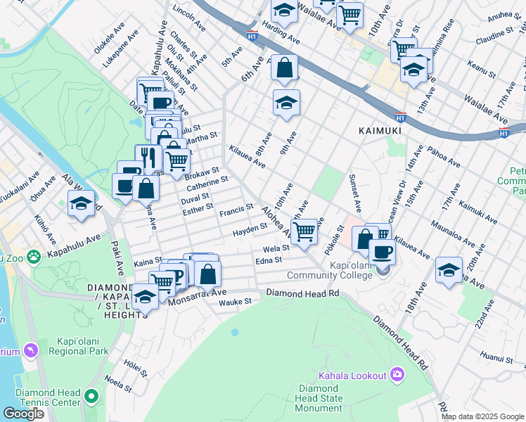 map of restaurants, bars, coffee shops, grocery stores, and more near 3455 Alohea Avenue in Honolulu